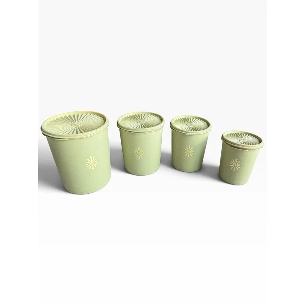 Vtg Tupperware Servalier Nesting Canister Set 1970s Retro Avocado Green Sunburst